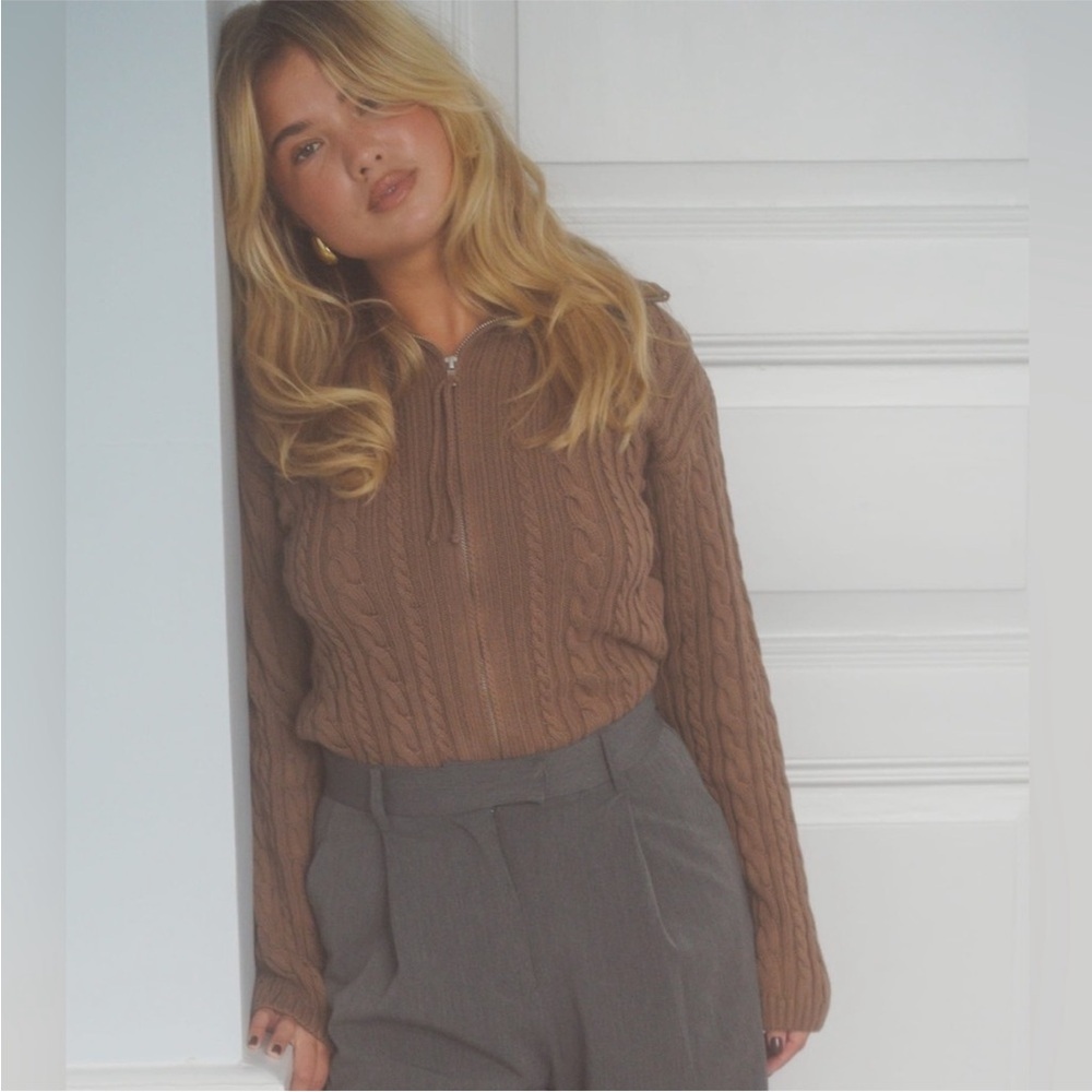Djerf Avenue Ready Set Go Cardigan Sweater Zip Up Brown Size S